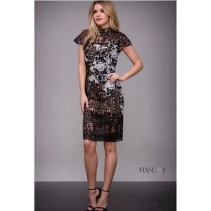 Maslavi Black White Floral Lace Capelet Sheath Dress High Neck Size 0